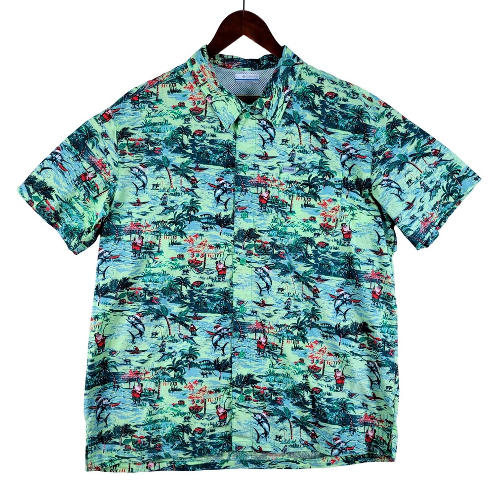 Columbia PFG Shirt Men's XL Green Vented Christmas Tropical Fishing Santa Button